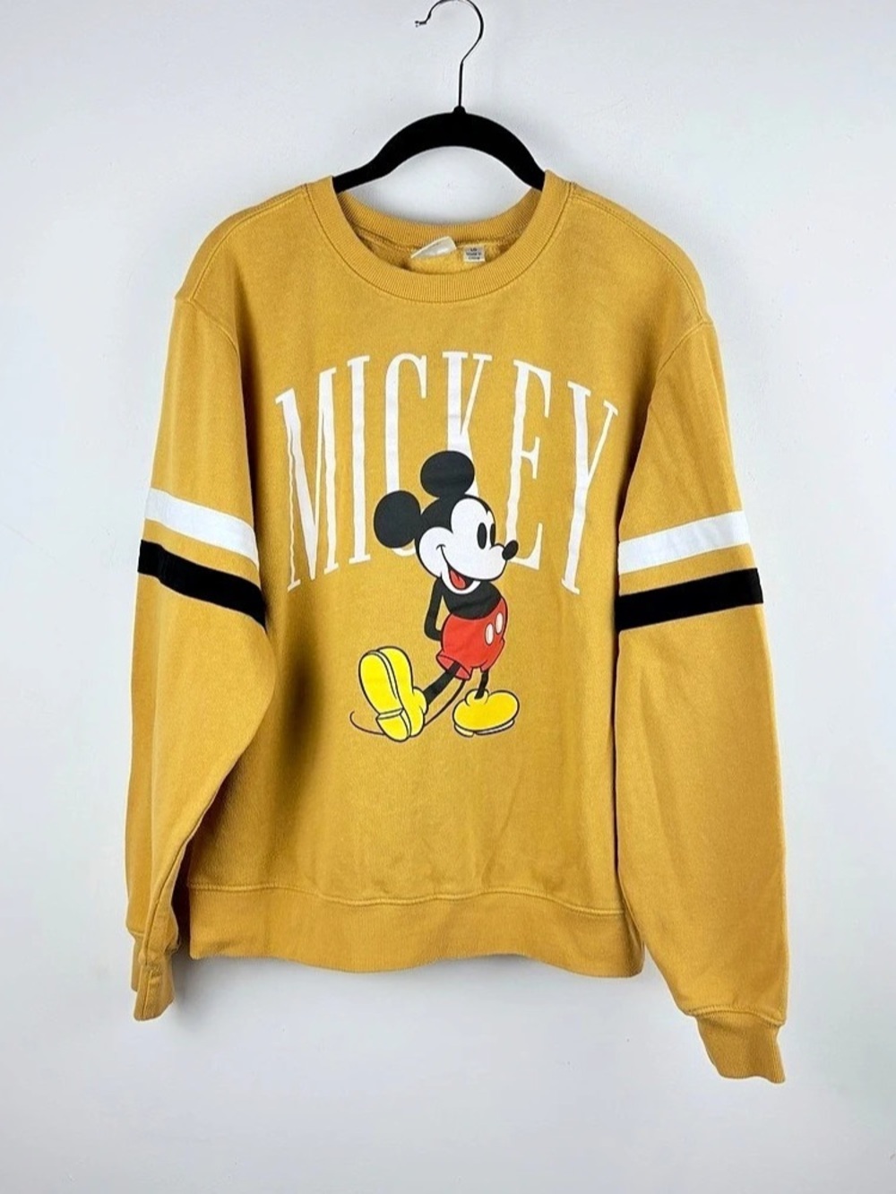 Disney Mickey Mouse Crew Neck Pullover Oversized Sweater Woman Mustard Fleece L